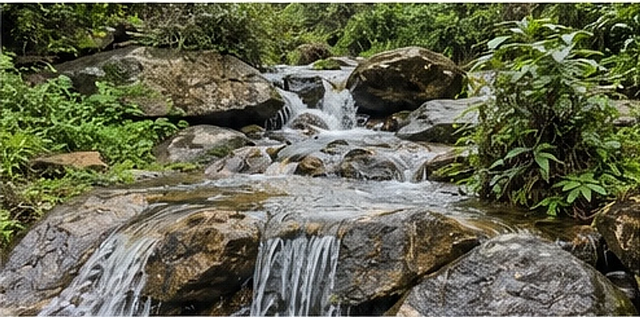 Water stepping down a series of rock ledges surrounded by green vegetation