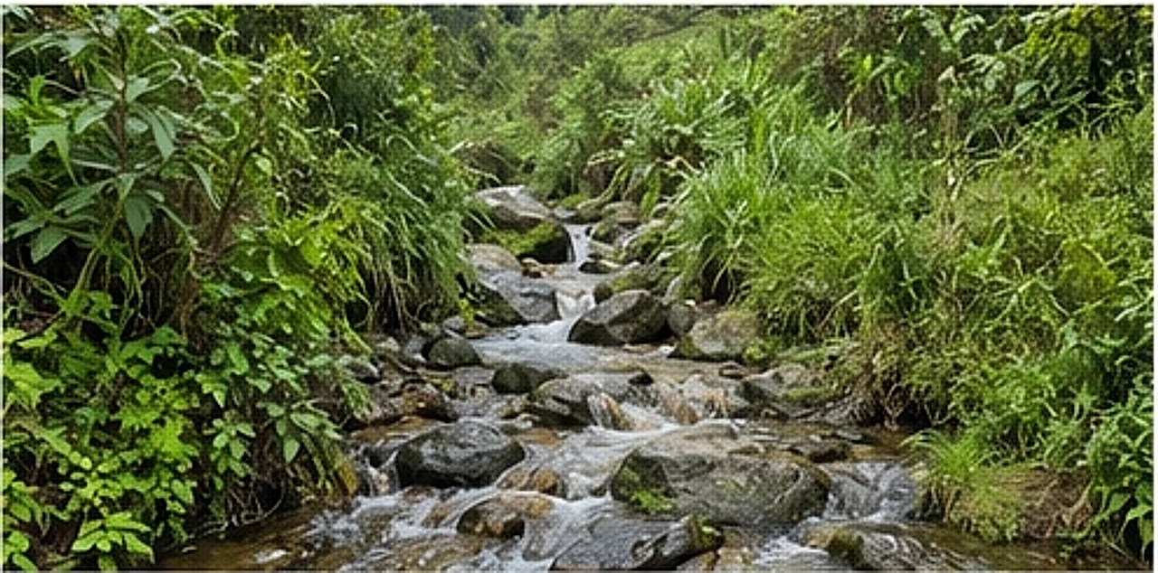 A narrow clear stream running over stones between thick green streamside vegetation