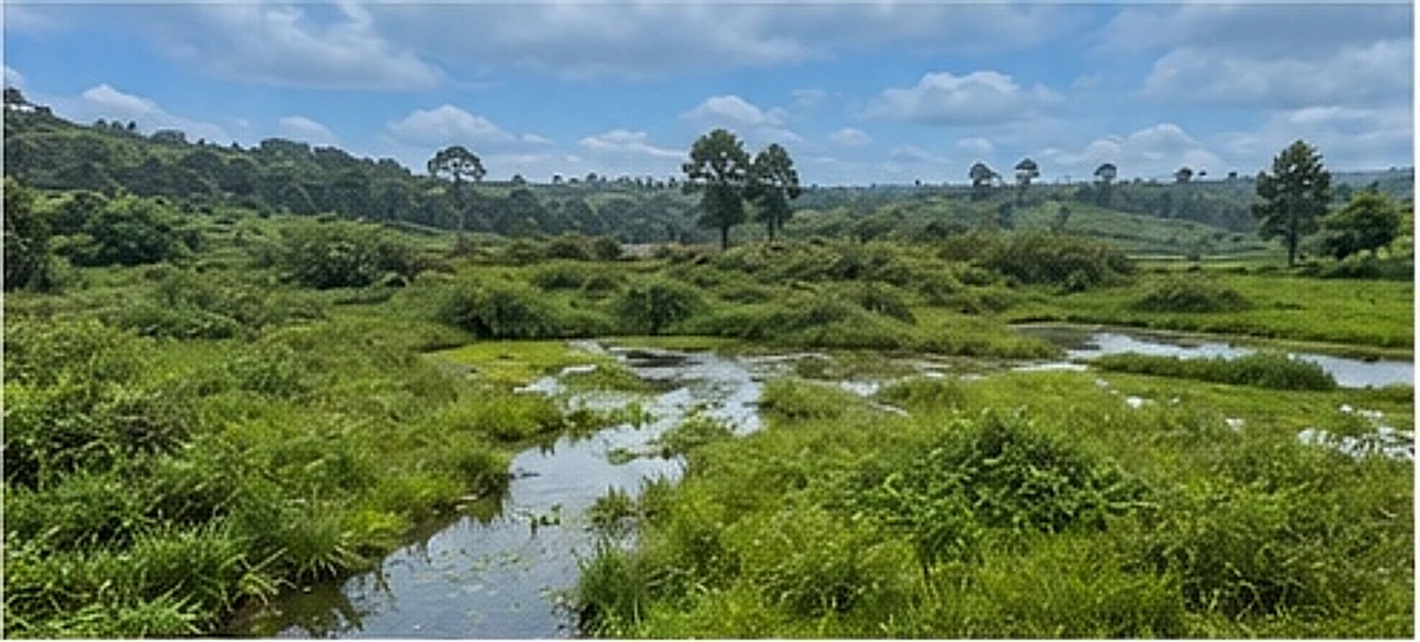 Open wetland with standing water and reed grass under a wide sky