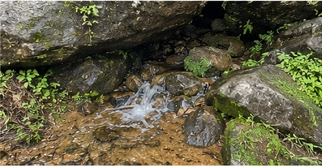 Clear water running out from under mossy boulders among ferns and vegetation